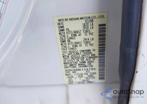 2008 Nissan Quest 3.5 Se z USA, uszkodzony, nr VIN 5N1BV28U88N114786